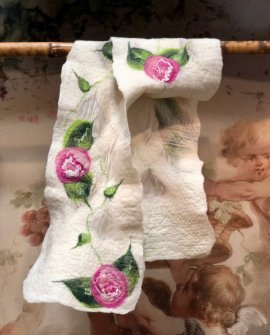Agnes Foss - Felted Merino Scarf / Wrap - Pink Roses on White Background